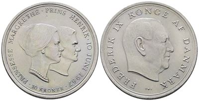 Danimarca. Federico IX (1947-1972). 10 Corone 1967 "nozze Principessa Margherita". Km 856; Ag; 20...