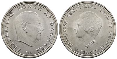 Danimarca. Federico IX (1947-1972). 10 Corone 1968 "nozze Principessa Benedetta". Km 857; Ag; 20,...