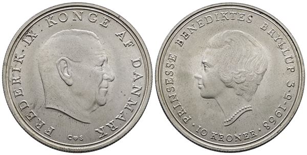 DANIMARCA. Federico IX (1947-1972). 10 corone 1968 "nozze principessa Benedetta". KM 857; Ag; 20,4gr