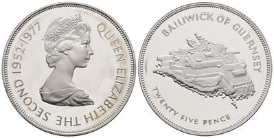 Guersney. Elisabetta II (1952-2022). 25 Pence 1977. Km 31; Cn; 28,28gr. in Capsula