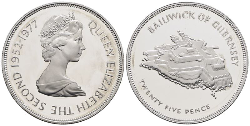 Guersney. Elisabetta II (1952-2022). 25 Pence 1977. Km 31; Cn; 28,28gr. in Capsula