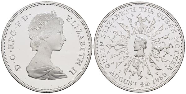INGHILTERRA. Elisabetta II. 25 pence 1980 "80 anni della regina madre". KM 921; Cn; 28,28gr. In capsula.