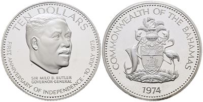 Bahamas. 10 Dollari 1974 "i Anniversario Indipendenza". Km 68a; Ag; 50,42gr