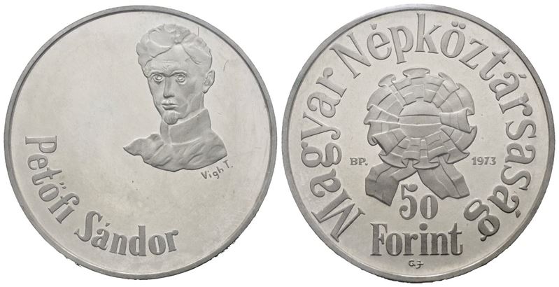 Ungheria. 50 Fiorini 1973 'petofi Sandor'. Km 599; Ag; 16gr Fdc
