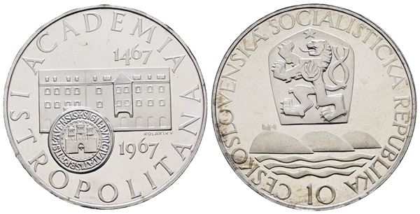 CECOSLOVACCHIA. 10 corone 1967 "500 anni dell'università di Bratislava". KM 62; Ag; 12gr; In capsula originale