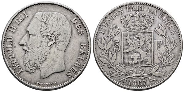 BELGIO. Leopoldo II (1865-1909). 5 franchi 1867. KM 24; Ag; 25gr
