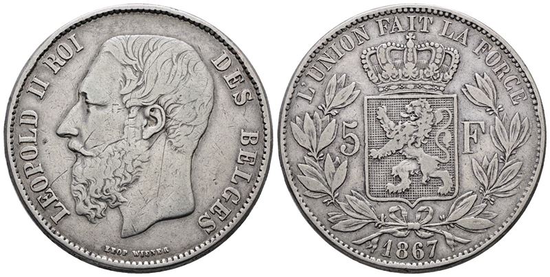 BELGIO. Leopoldo II (1865-1909). 5 franchi 1867. KM 24; Ag; 25gr. qBB