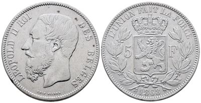 Belgio. Leopoldo II (1865-1909). 5 Franchi 1868. Km 24; Ag; 25gr