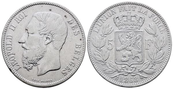 BELGIO. Leopoldo II (1865-1909). 5 franchi 1868. KM 24; Ag; 25gr