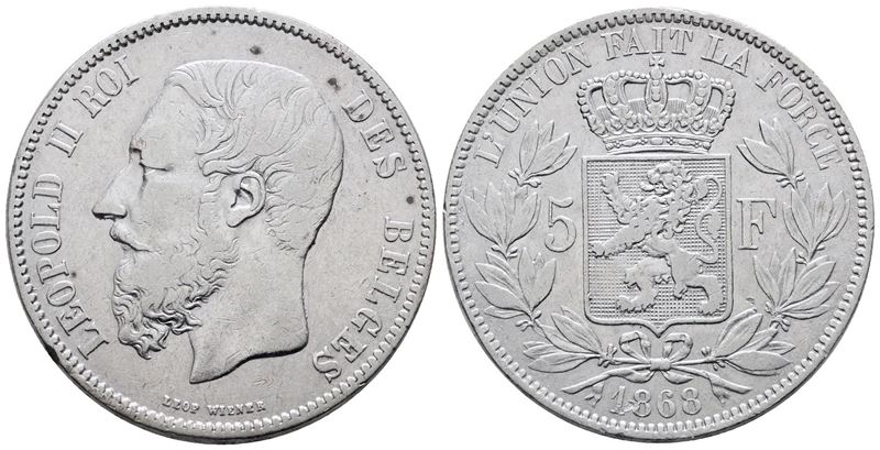 Belgio. Leopoldo II (1865-1909). 5 Franchi 1868. Km 24; Ag; 25gr