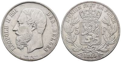 Belgio. Leopoldo II (1865-1909). 5 Franchi 1869. Km 24; Ag; 25gr