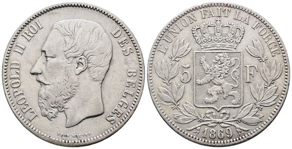 BELGIO. Leopoldo II (1865-1909). 5 franchi 1869. KM 24; Ag; 25gr