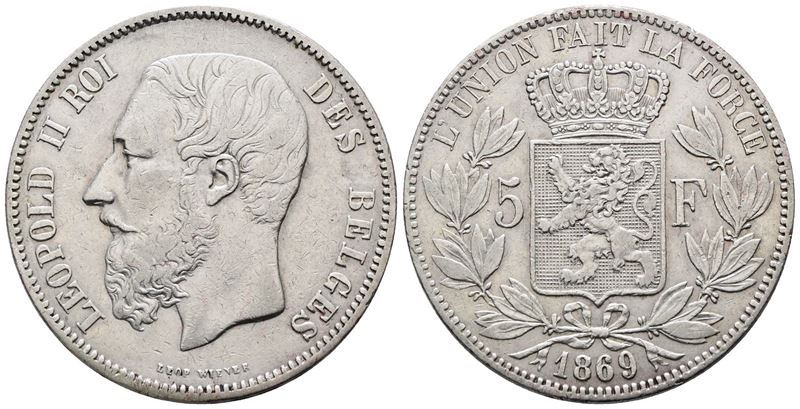 Belgio. Leopoldo II (1865-1909). 5 Franchi 1869. Km 24; Ag; 25gr