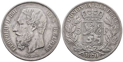 Belgio. Leopoldo II (1865-1909). 5 Franchi 1870. Km 24; Ag; 25gr