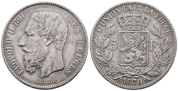 BELGIO. Leopoldo II (1865-1909). 5 franchi 1870. KM 24; Ag; 25gr