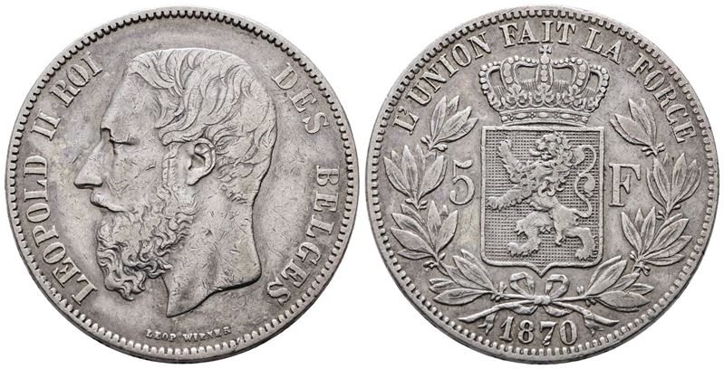 Belgio. Leopoldo II (1865-1909). 5 Franchi 1870. Km 24; Ag; 25gr