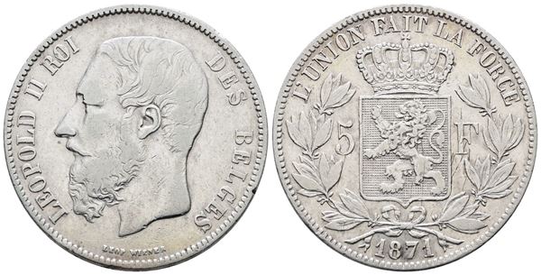 BELGIO. Leopoldo II (1865-1909). 5 franchi 1871. KM 24; Ag; 25gr