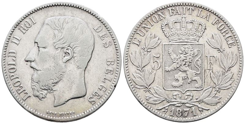 Belgio. Leopoldo II (1865-1909). 5 Franchi 1871. Km 24; Ag; 25gr