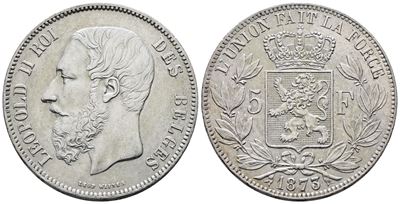 Belgio. Leopoldo II (1865-1909). 5 Franchi 1873. Km 24; Ag; 25gr