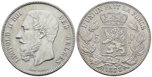 BELGIO. Leopoldo II (1865-1909). 5 franchi 1873. KM 24; Ag; 25gr