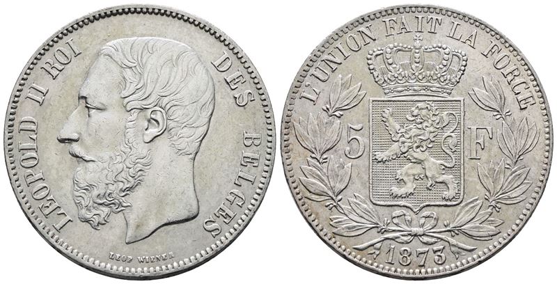 Belgio. Leopoldo II (1865-1909). 5 Franchi 1873. Km 24; Ag; 25gr