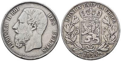 Belgio. Leopoldo II (1865-1909). 5 Franchi 1875. Km 24; Ag; 25gr