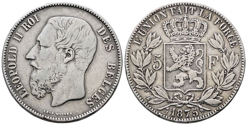 Belgio. Leopoldo II (1865-1909). 5 Franchi 1875. Km 24; Ag; 25gr