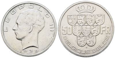 Belgio. Leopoldo III (1934-1947). 50 Franchi 1939. Km 122; Ag; 20gr
