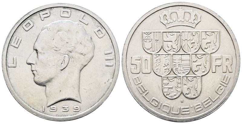 Belgio. Leopoldo III (1934-1947). 50 Franchi 1939. Km 122; Ag; 20gr