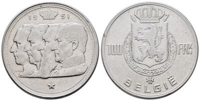 Belgio. Baldovino (1948-1993). 100 Franchi 1951. Km 139; Ag; 18gr