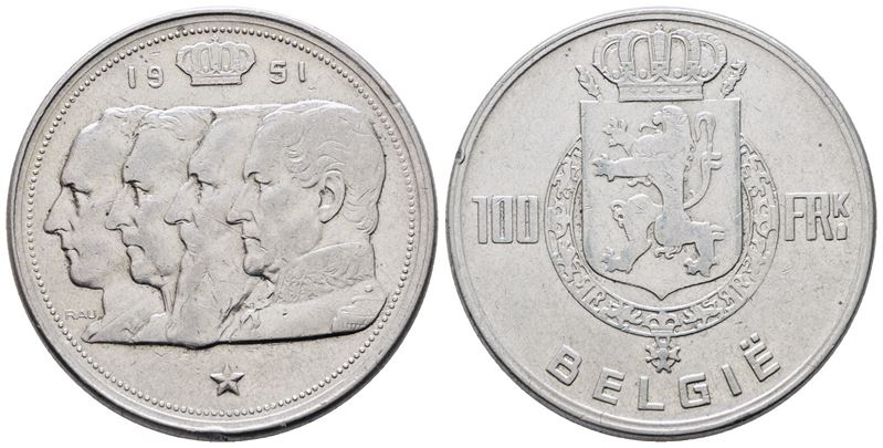 Belgio. Baldovino (1948-1993). 100 Franchi 1951. Km 139; Ag; 18gr