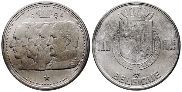 BELGIO. Baldovino (1948-1993). 100 franchi 1954. KM 139; Ag; 18gr