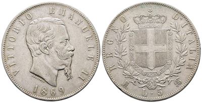 Regno D'italia. Milano. Vittorio Emanuele II (1861-1878). 5 Lire 1869. Gig. 39; Ag; 25gr