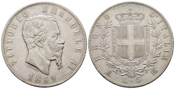 REGNO D'ITALIA. MILANO. Vittorio Emanuele II (1861-1878). 5 lire 1869. Gig. 39; Ag; 25gr