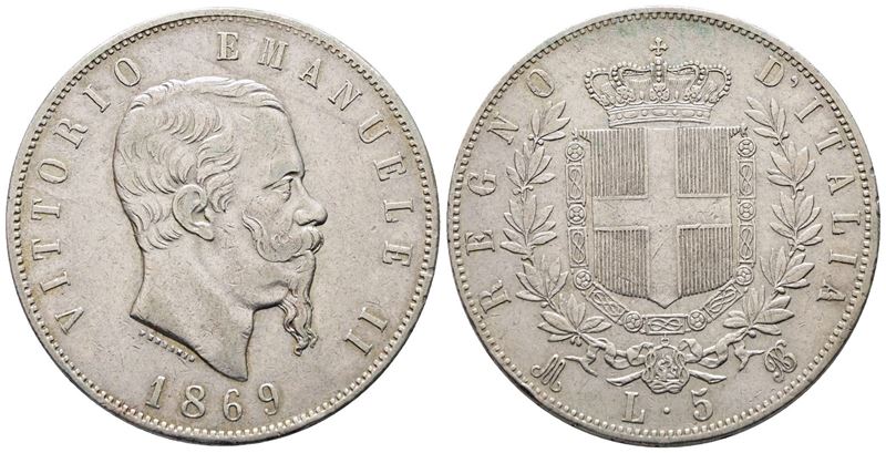 Regno D'italia. Milano. Vittorio Emanuele II (1861-1878). 5 Lire 1869. Gig. 39; Ag; 25gr
