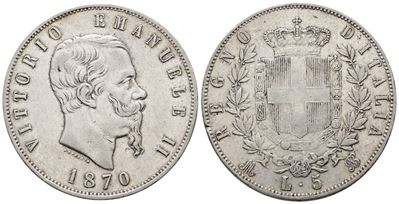 Regno D'italia. Milano. Vittorio Emanuele II (1861-1878). 5 Lire 1870. Gig. 40; Ag; 25gr
