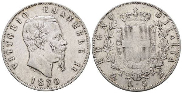REGNO D'ITALIA. MILANO. Vittorio Emanuele II (1861-1878). 5 lire 1870. Gig. 40; Ag; 25gr
