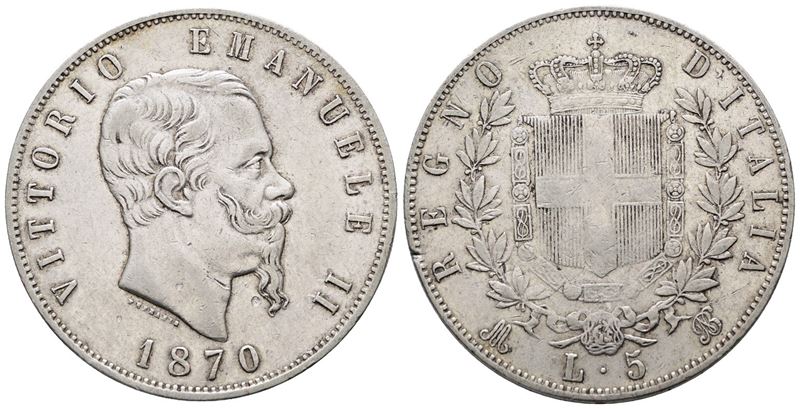 Regno D'italia. Milano. Vittorio Emanuele II (1861-1878). 5 Lire 1870. Gig. 40; Ag; 25gr