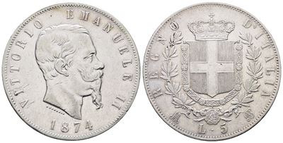 Regno D'italia. Milano. Vittorio Emanuele II (1861-1878). 5 Lire 1874. Gig. 48; Ag; 25gr
