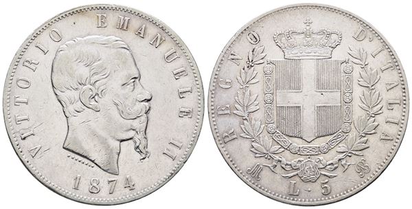 REGNO D'ITALIA. MILANO. Vittorio Emanuele II (1861-1878). 5 lire 1874. Gig. 48; Ag; 25gr