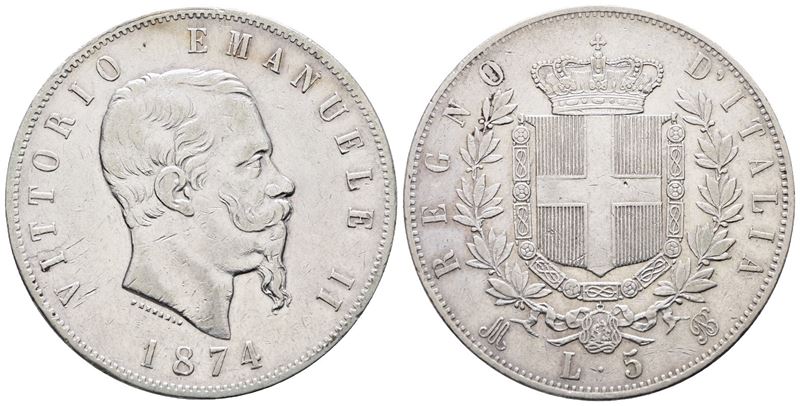 Regno D'italia. Milano. Vittorio Emanuele II (1861-1878). 5 Lire 1874. Gig. 48; Ag; 25gr