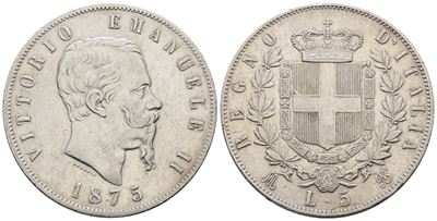 Regno D'italia. Milano. Vittorio Emanuele II (1861-1878). 5 Lire 1875. Gig. 49; Ag; 25gr Bb