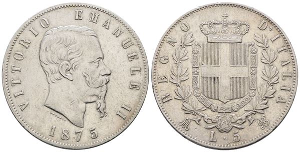 REGNO D'ITALIA. MILANO. Vittorio Emanuele II (1861-1878). 5 lire 1875. Gig. 49; Ag; 25gr