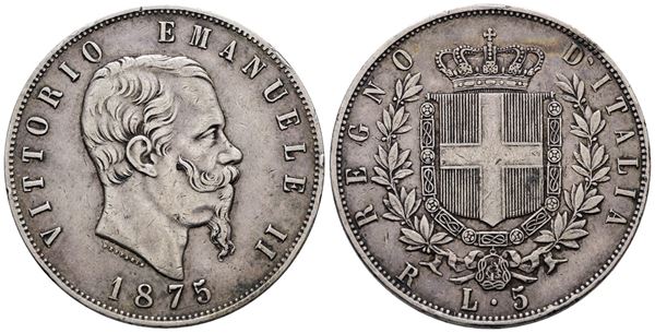 REGNO D'ITALIA. ROMA. Vittorio Emanuele II (1861-1878). 5 lire 1875. Gig. 50; Ag; 25gr