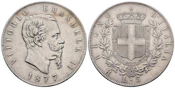 REGNO D'ITALIA. ROMA. Vittorio Emanuele II (1861-1878). 5 lire 1877. Gig. 52; Ag; 25gr