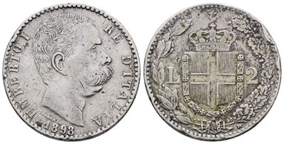 Umberto I, 2 lire 1898, Gig. 34, Ag, 9,84 gr