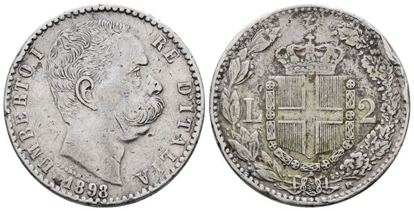 REGNO D'ITALIA. Umberto I (1878-1900). 2 lire 1898. Gig.34; Ag; 9,84gr; Raro falso d'epoca. Colpi
