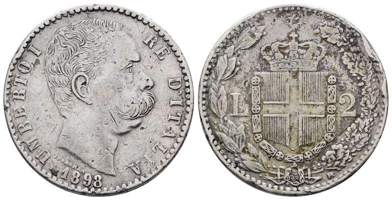Regno D'italia. Umberto i (1878-1900). 2 Lire 1898. Gig.34; Ag; 9,84gr; Raro Falso D'epoca. Colpi