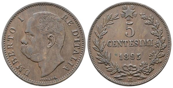 REGNO D'ITALIA. Umberto I (1878-1900). 5 centesimi 1895. Gig.51; Cu; 5gr. Raro  - Auction MODERN COINS, MEDALS, MINTING DIES AND MASONIC RARITIES - Bertolami Fine Art - Casa d'Aste