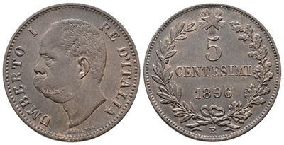 Regno D'italia. Umberto i (1878-1900). 5 Centesimi 1896. Gig.52; Cu; 5gr. Raro